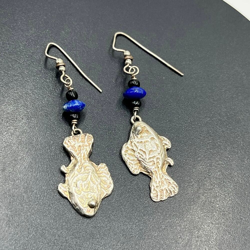 Sterling Silver‎ Blue Lapis Mismatched Dangle French Wire Fish Earrings Unsigned